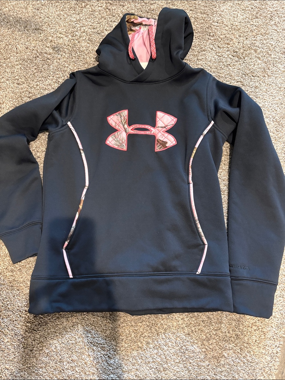Under Armour Girls Black Hoodie with Pink Camouflage Logo